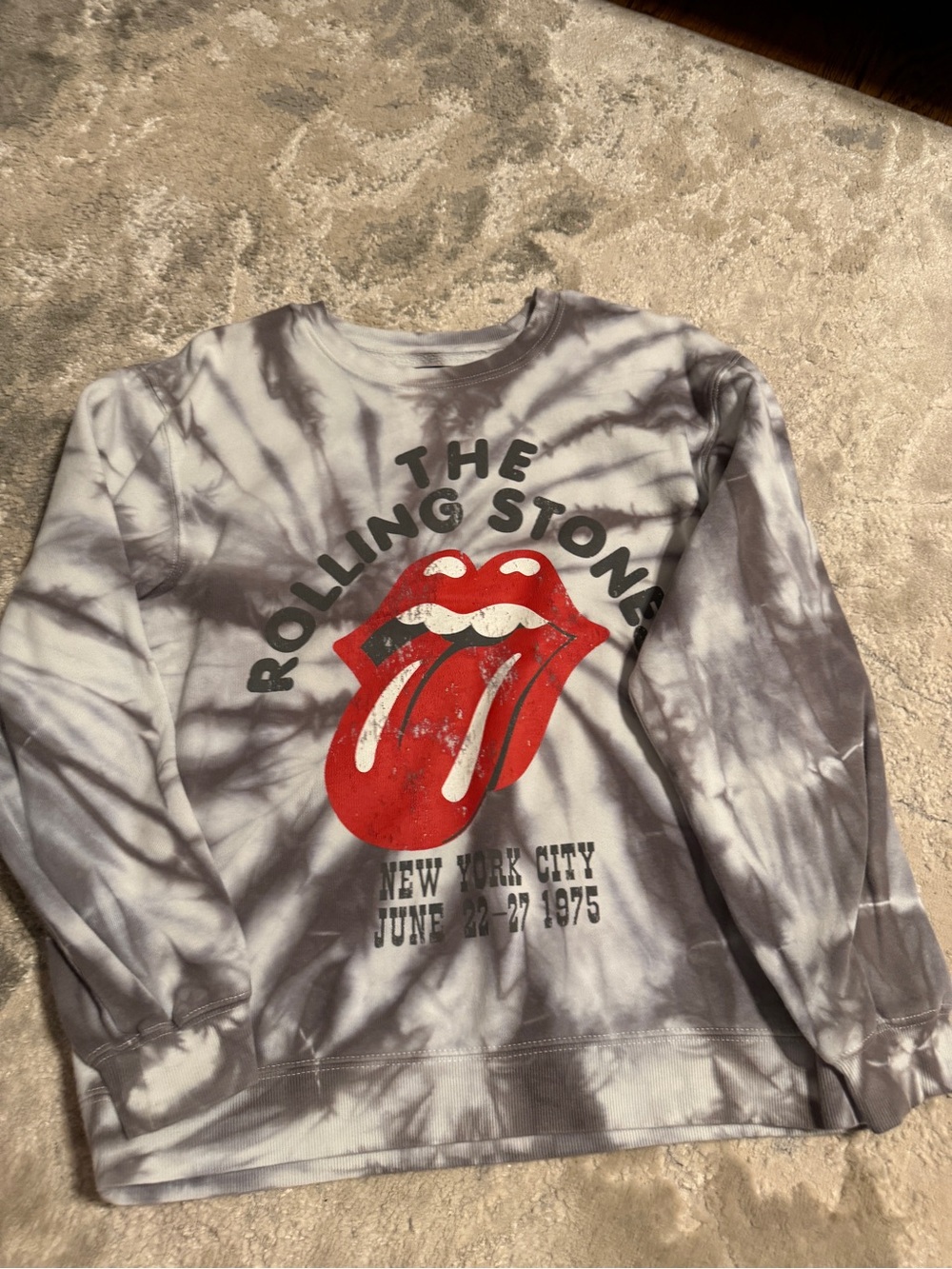 the Rolling Stones Kids Gray Tie-Dye Sweatshirt with Red Tongue Graphic